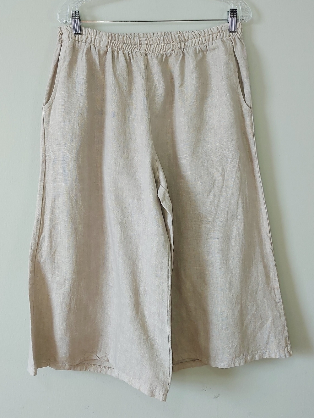 Natural Linen Wide Leg Culottes Elastic Waistband Relaxed Fit Cropped Pockets